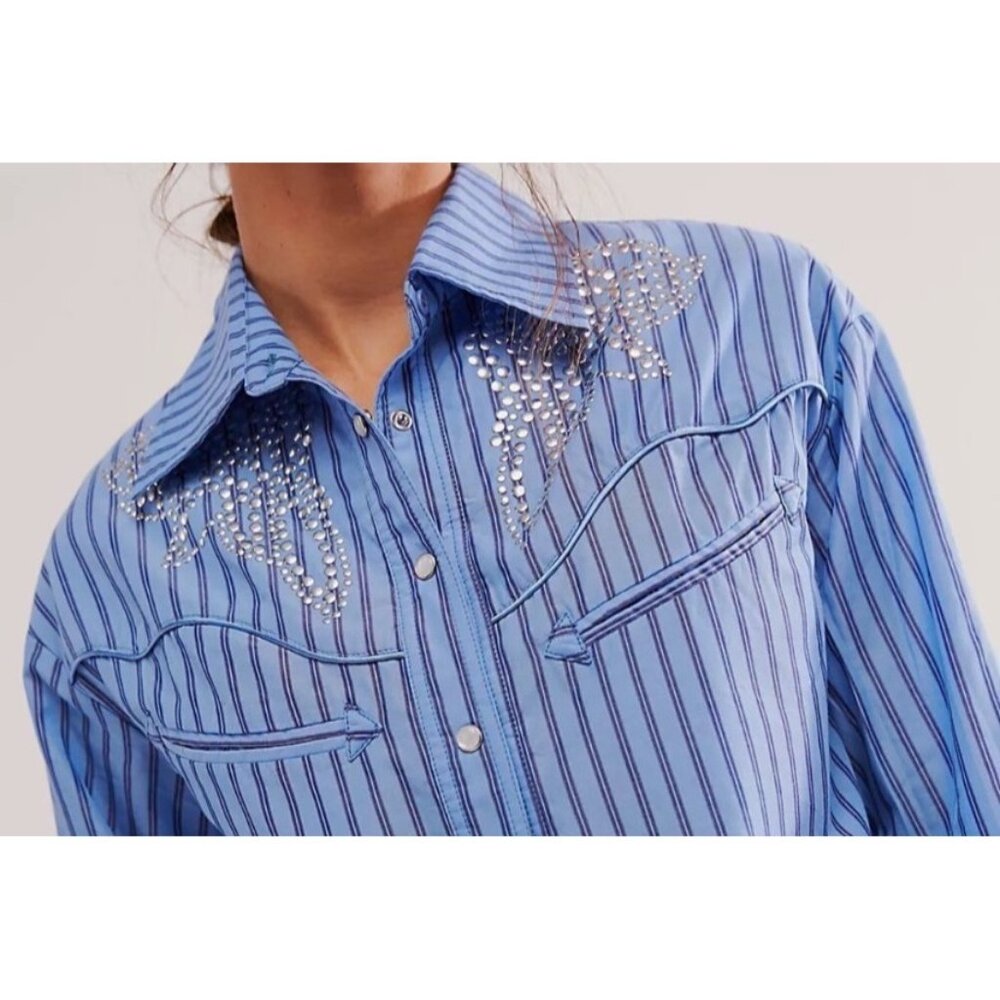 Free People X Understated Leather Western Embellished Button Down Shirt XS Blue - Picture 4 of 5
